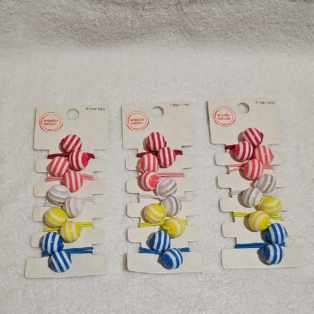 Wonder Nation Girls Striped Bead Elastic Hair Ties, 3 packs of 5 Hair Ties New